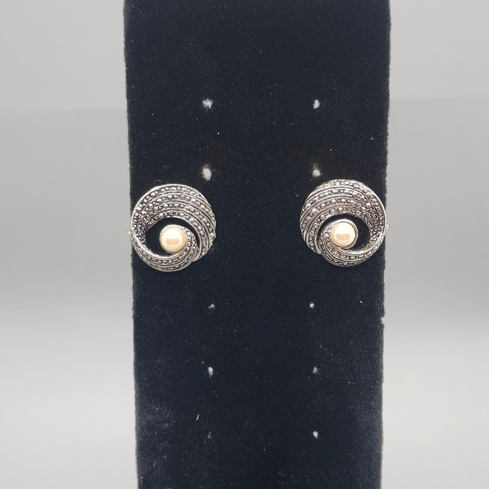Faux Marcasite Swirl Stud Earrings 0.85" Silver Tone Faux Pearl